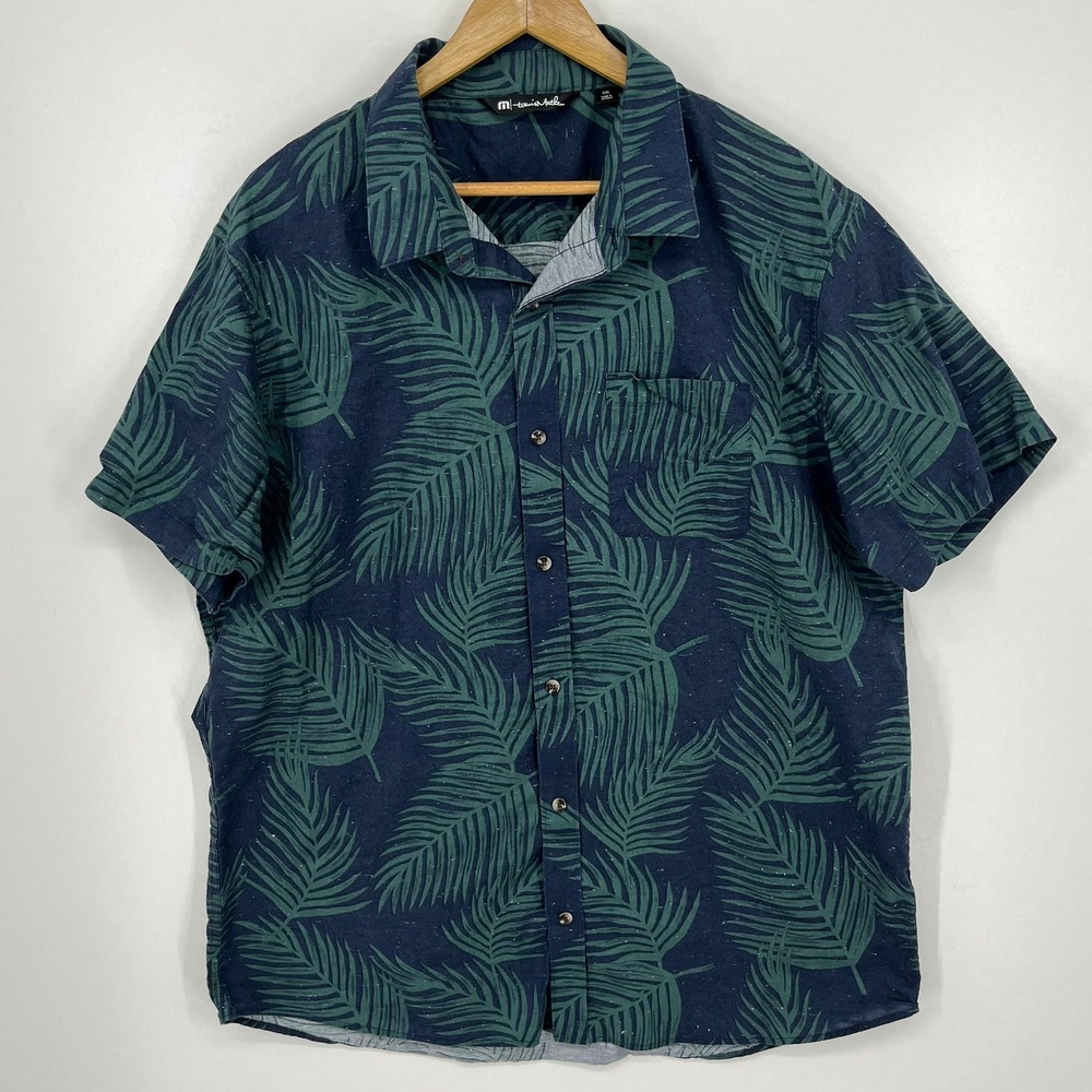 Travis Mathew Mens XXL Tropical Palm Leaf Button Shirt‎ Navy Green Short Sleeve